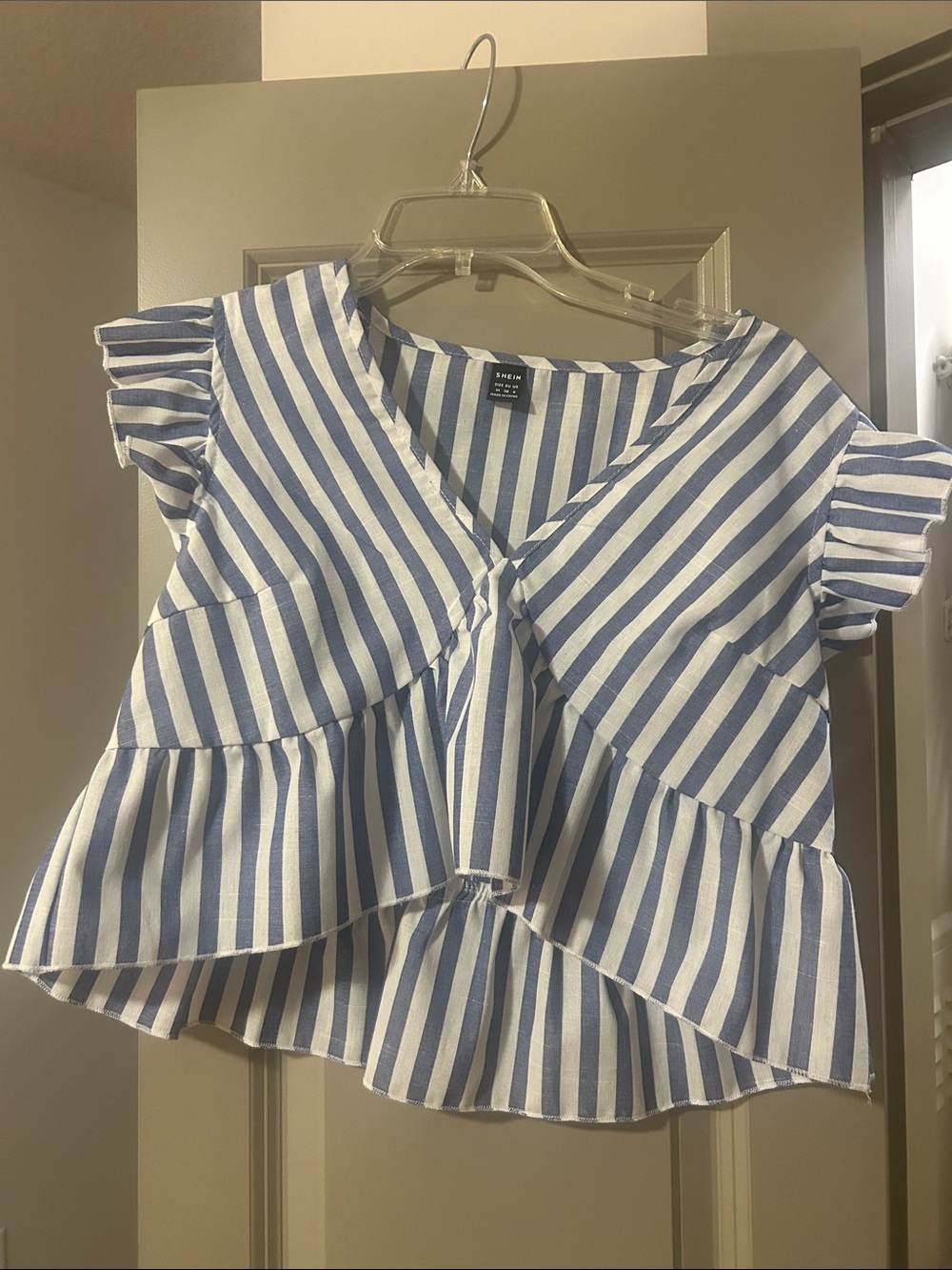 SHEIN Blue and White Striped Ruffle Crop Top